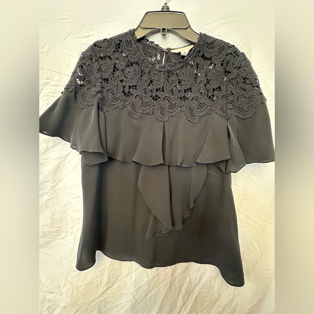 Rebecca Taylor black silk Georgette lace ruffled top, size 6